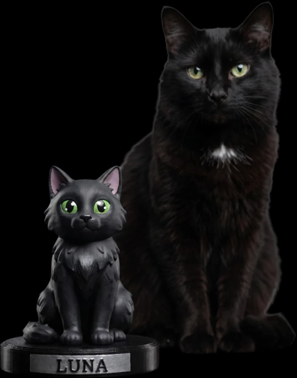 A gata Luna sentada ao lado da sua miniatura Pet Eterno de 15 cm